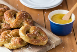homemade pretzels with a side of dip