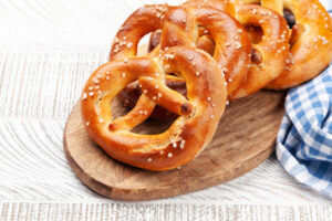 homemade pretzels lying on a table