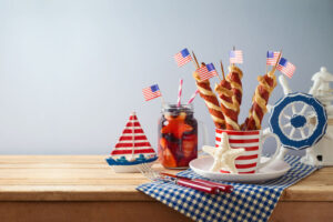 4th of july snacks with american flags on table