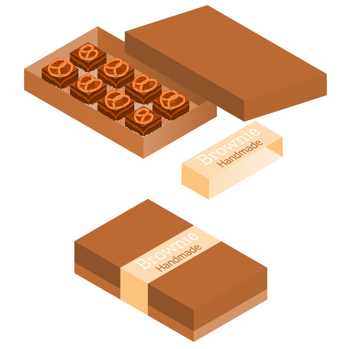 A drawn box containing brownies with a pretzel on top