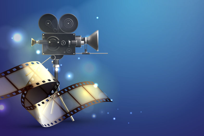 A rendering of a film camera, with a strip of film around it