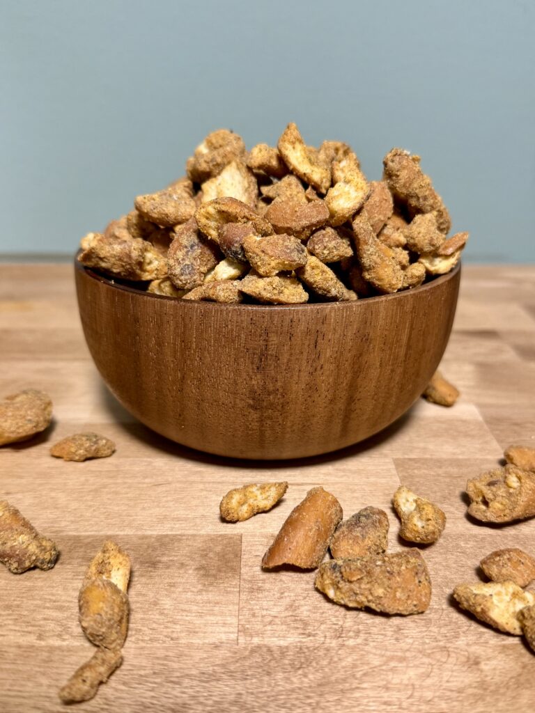 Bowl of seasoned pretzel pieces