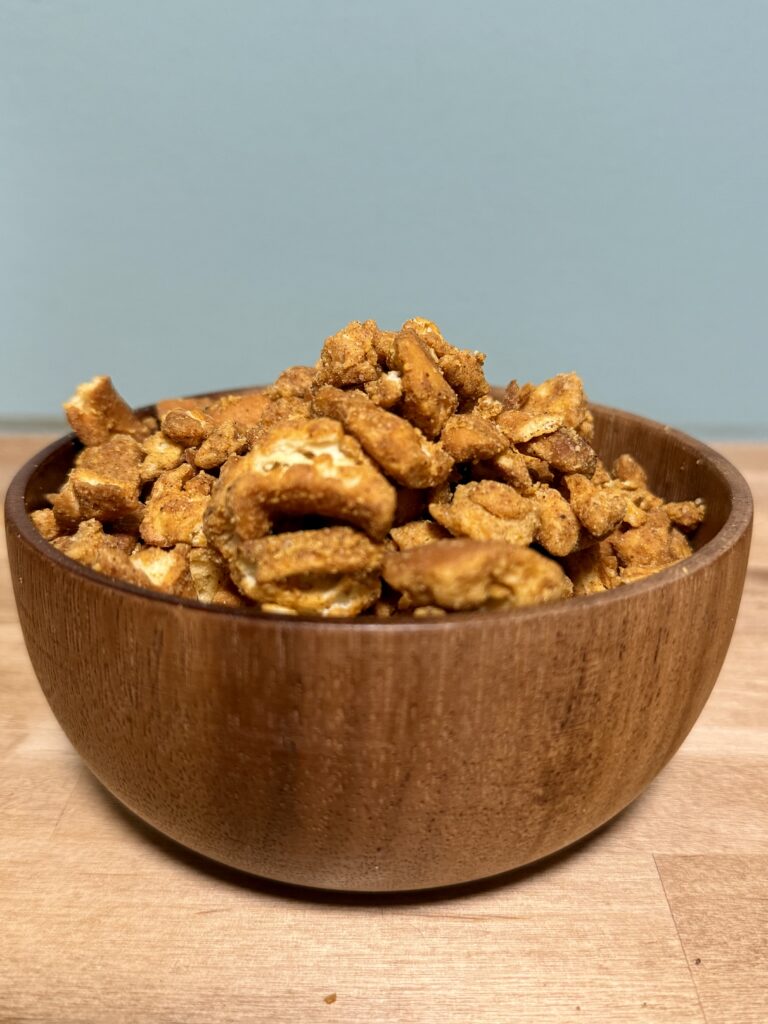 Bowl of seasoned pretzel pieces