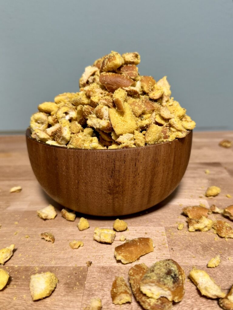 Bowl of flavored pretzel pieces