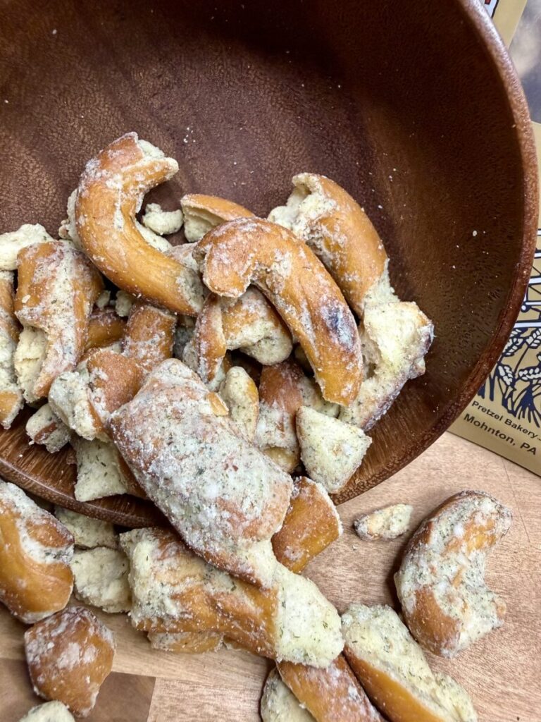 Up-close shot of ranch flavored pretzel pieces